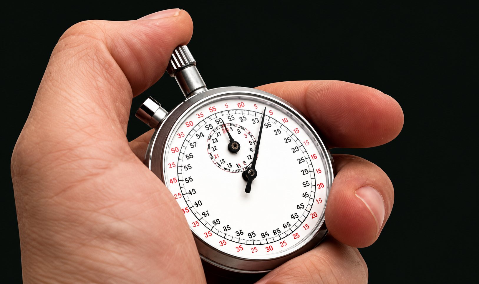 Une main tient un chronomètre mécanique à cadran blanc.