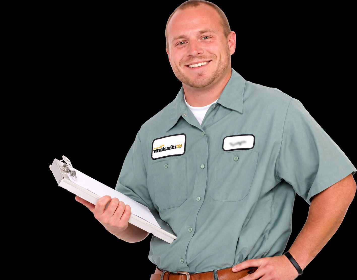 Un technicien souriant en chemise de travail gris-vert tient un porte-bloc.